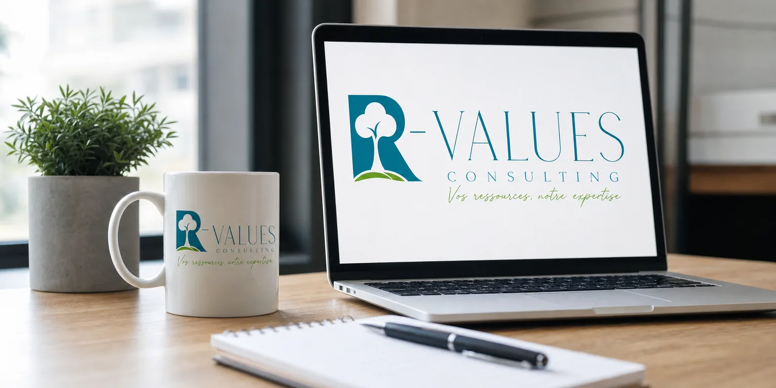 Mug à la marque R-Values Consulting posé sur un bureau de travail